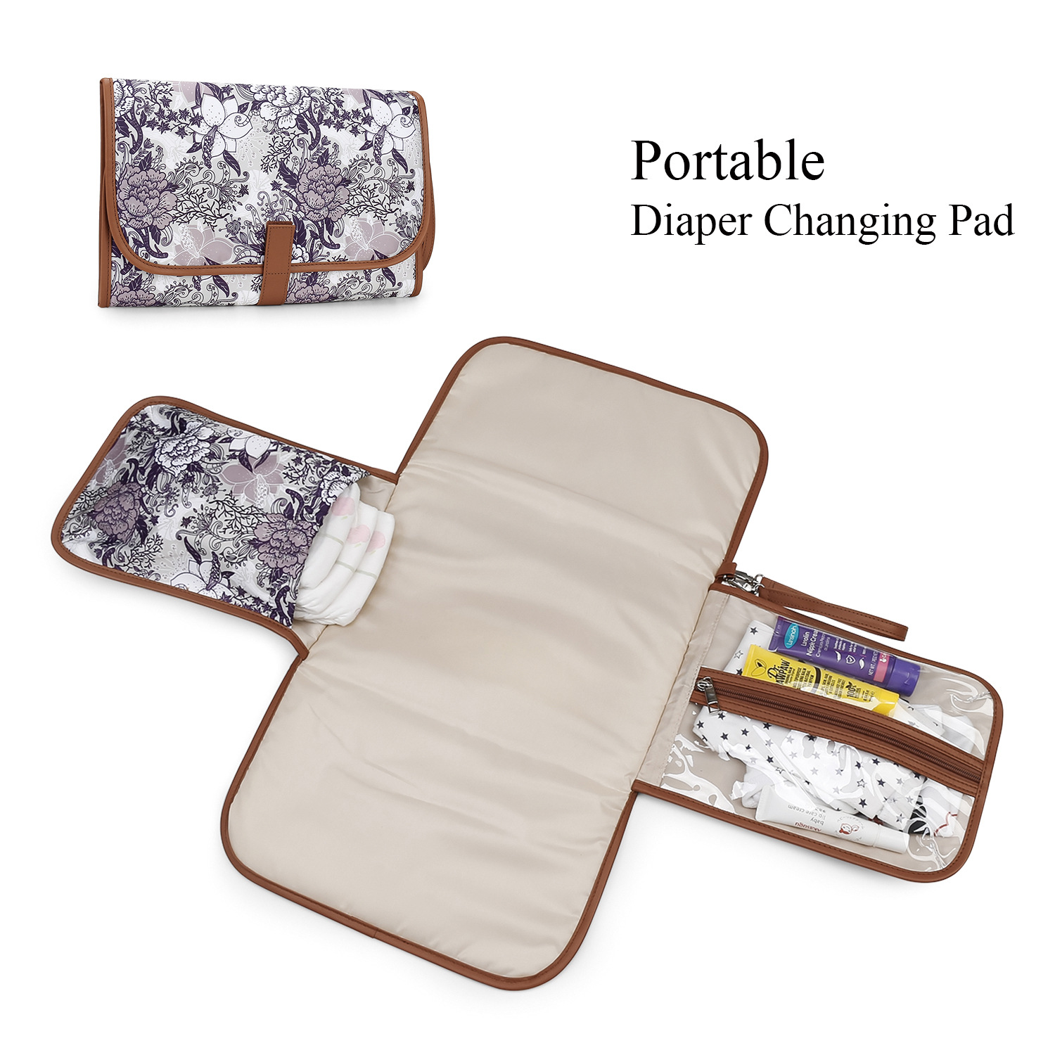 CPC floral printed diaper pad, portable waterproof diaper pad, baby items can be stored separately by dry and wet