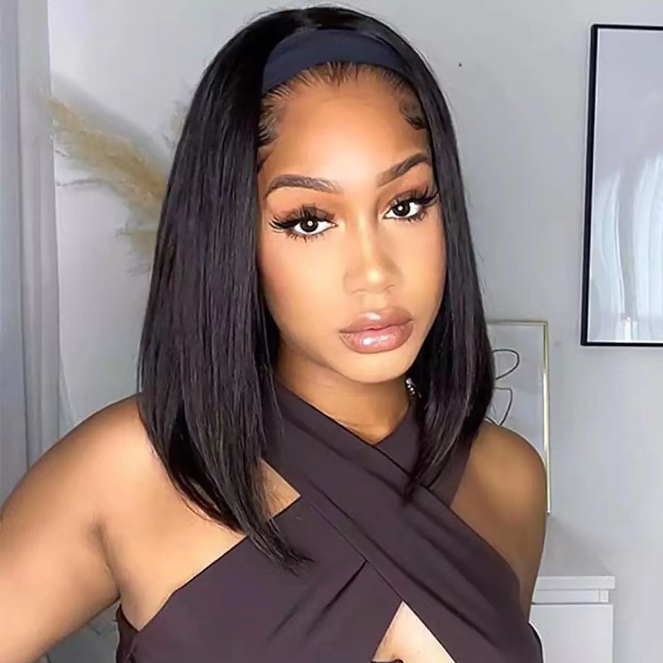 Headscarf wig, European and American women's wig, inner buckle, bob head, short straight hair, short hairband, synthetic high-temperature silk wig