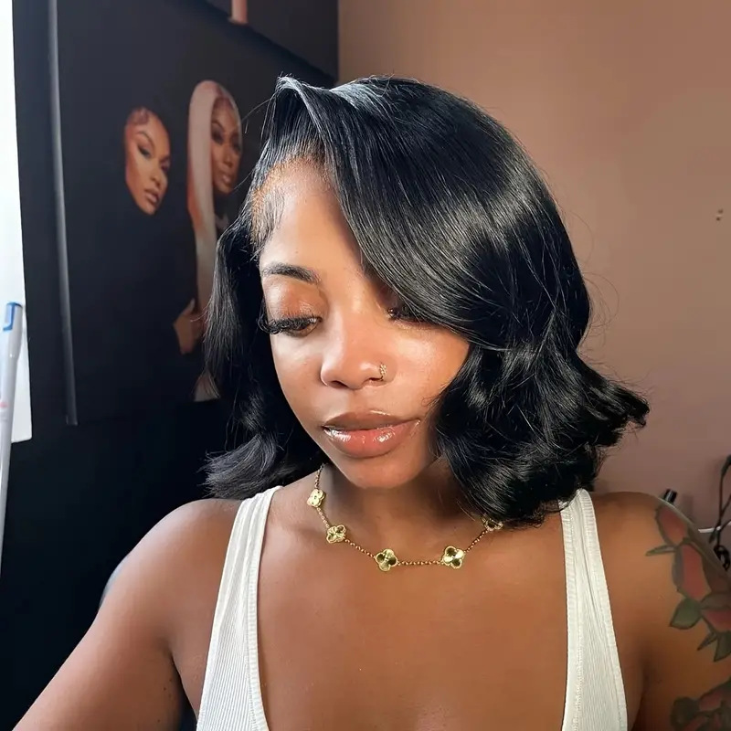 Cross border popular European and American wig women's front lace wig black short curly hair big wave synthetic full head cover wigs Cross border popular European and American wig women's front lace wig black short curly hair big wave synthetic full head cover wigs