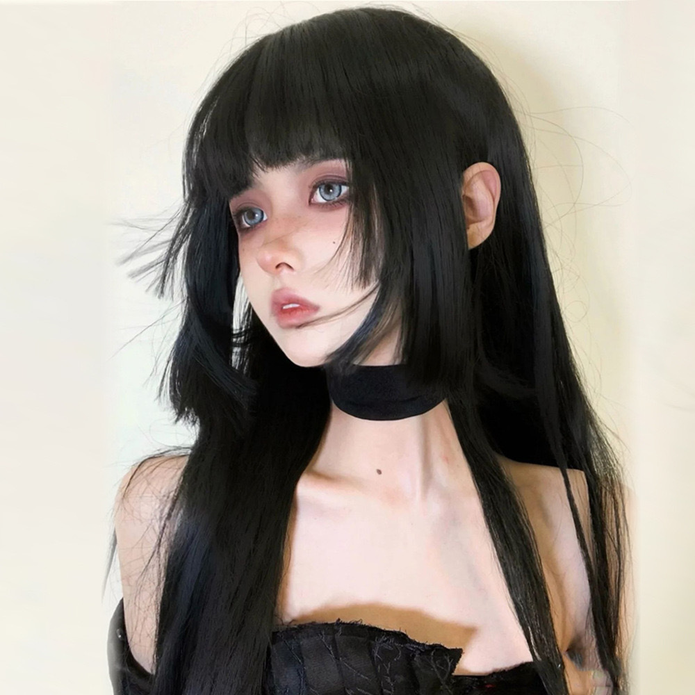 Princess cut wig, synthetic full head cover, women's long hair, Japanese style, black long straight hair, lolita, two cuts jellyfish cut
