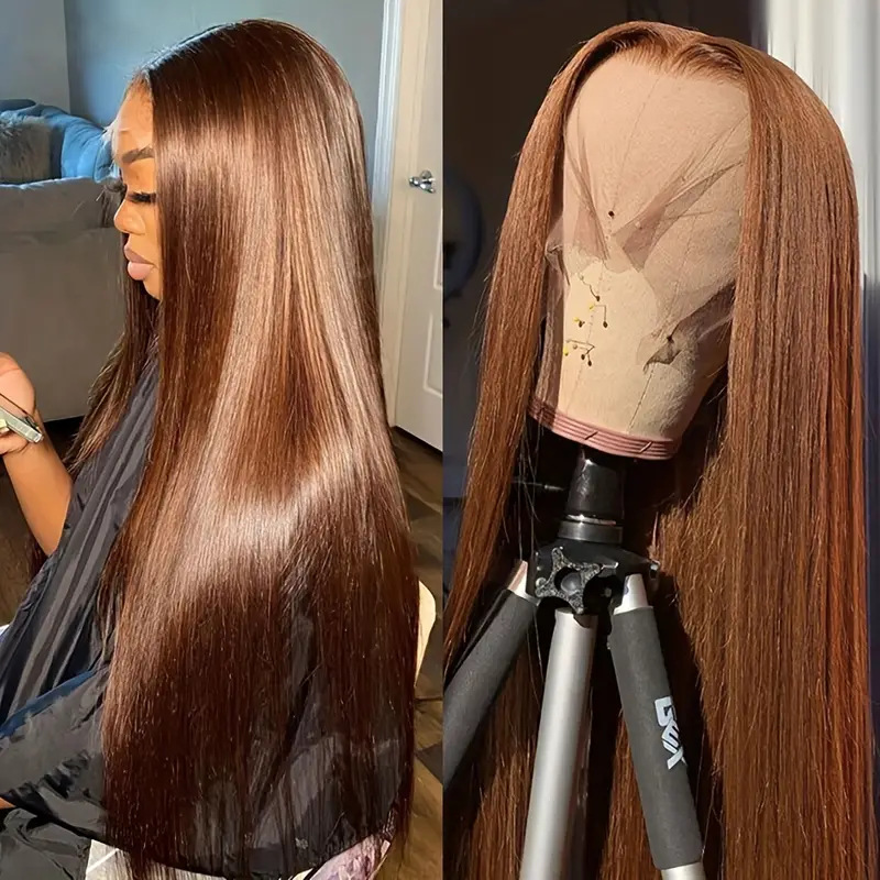 Front lace human hair European and American wig African chocolate human hair female long straight hair full head wig