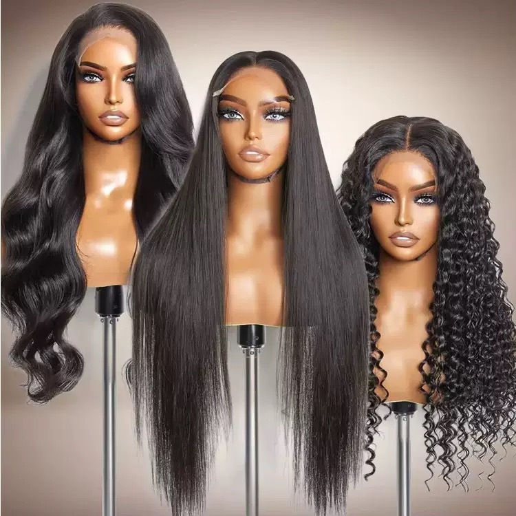 AliExpress Cross border European and American New Product Wig European and American Women's Front Lace Synthetic Headset Black Mid Split Long Straight Hair