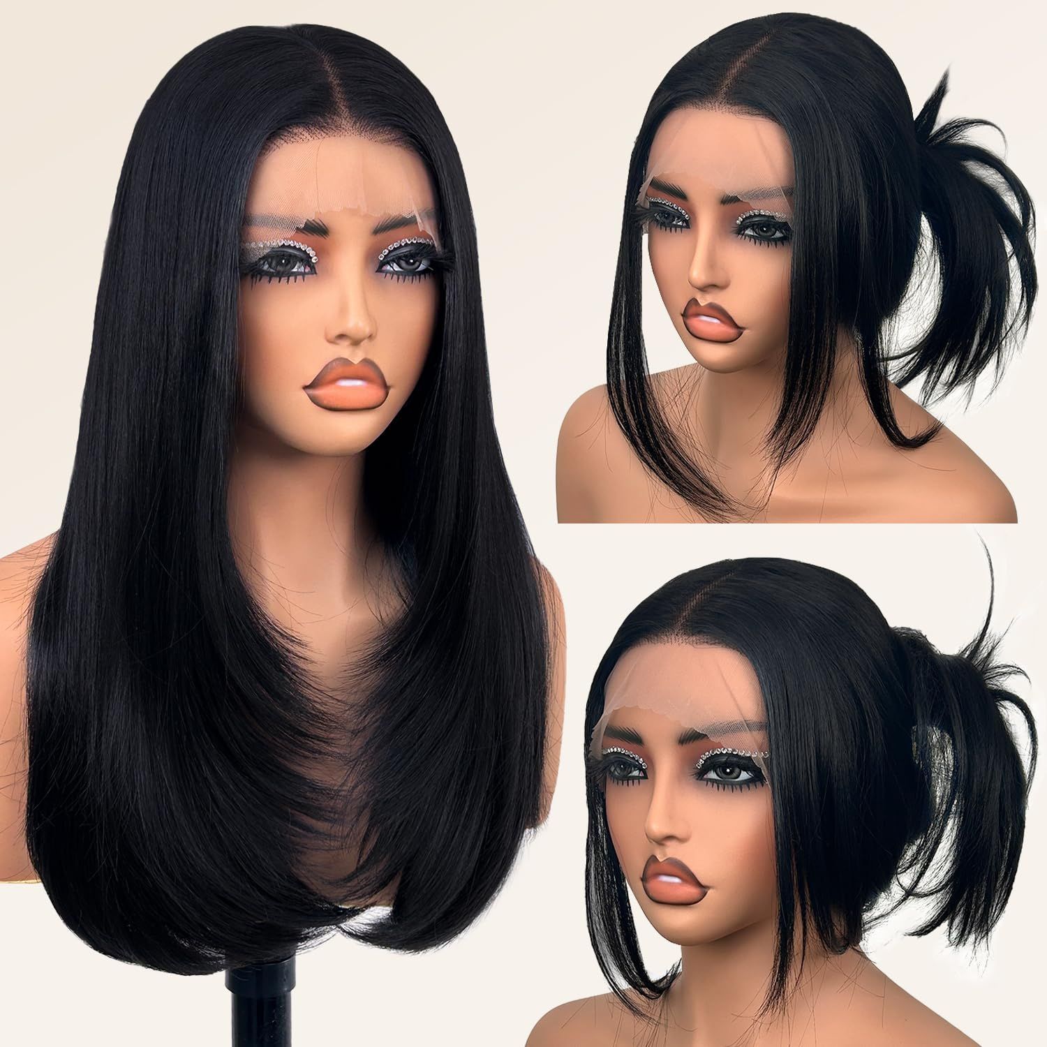 Front lace wig cross-border European and American natural women's mid length straight hair synthetic full head cover manufacturer spot wholesale