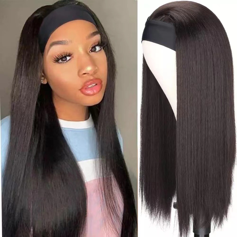 Headscarf wig, European and American new product wig, women's long straight hair, black synthetic headband wig, factory stock hair replacement