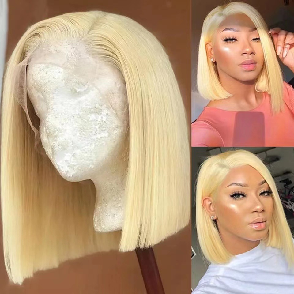 European and American lace bob wig, European and American lace short straight hair, light gold straight Bob Wigs