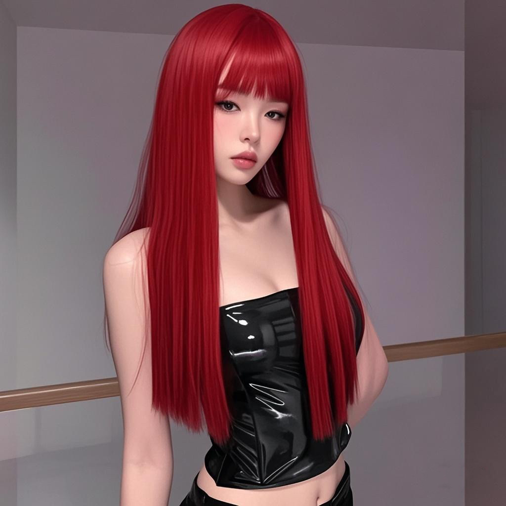 Wig Female Red Long Straight Hair Simulated Round Face Daily Natural Fluffy Sweet Internet Celebrity Summer Full Headset Long Hair