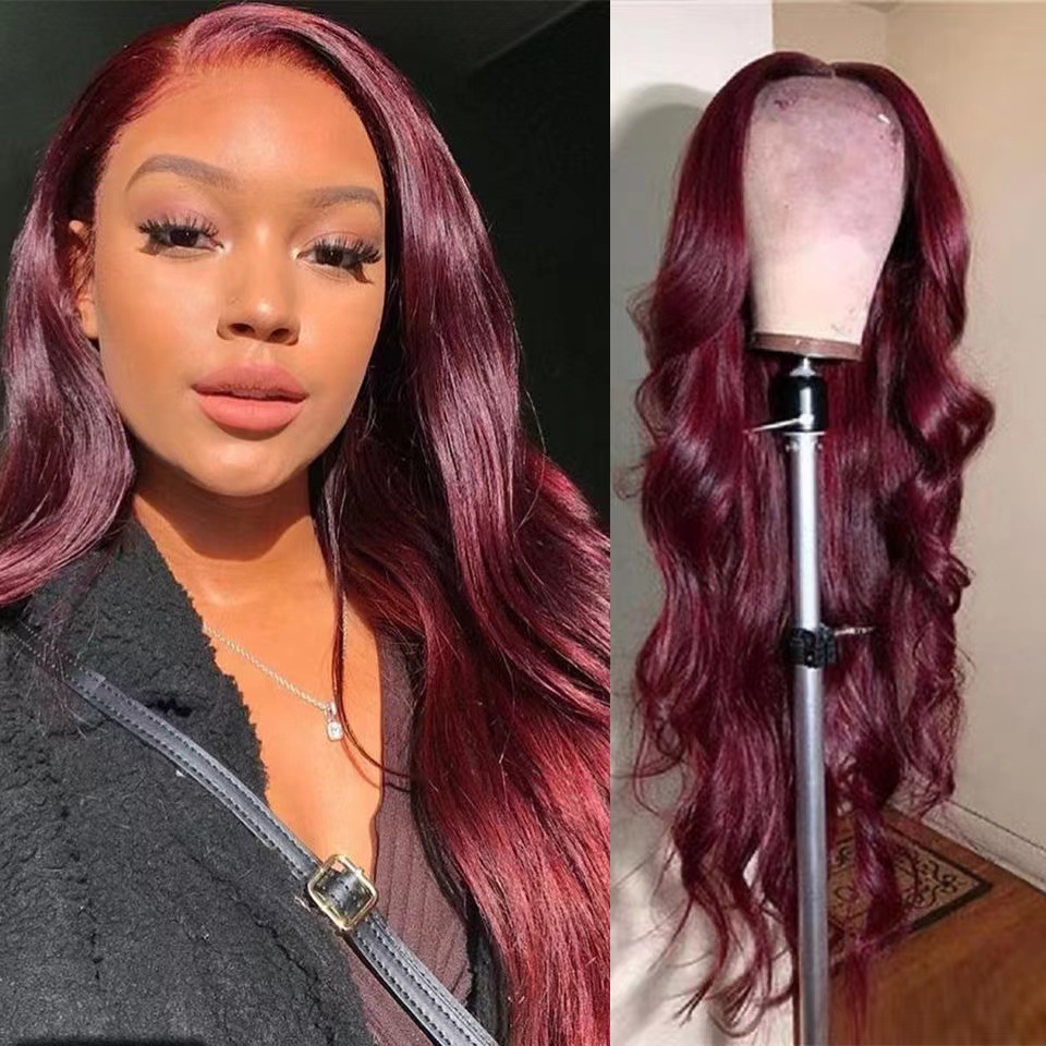 AliExpress New Product European and American Wig Women's Big Wave Wine Red Long Curled Hair High Temperature Silk Fiber Wig Headset in Stock