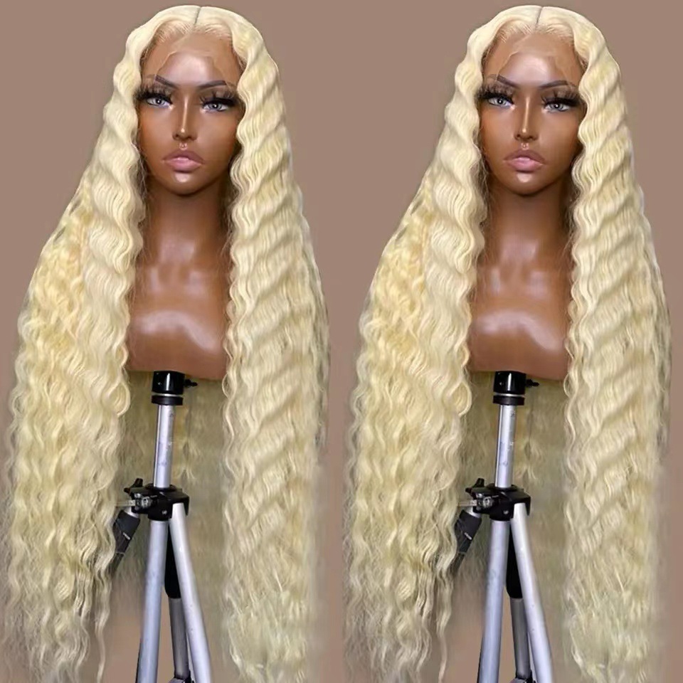 Foreign trade new front lace wig black hot selling small roll light gold lace wig set factory spot hair replacement