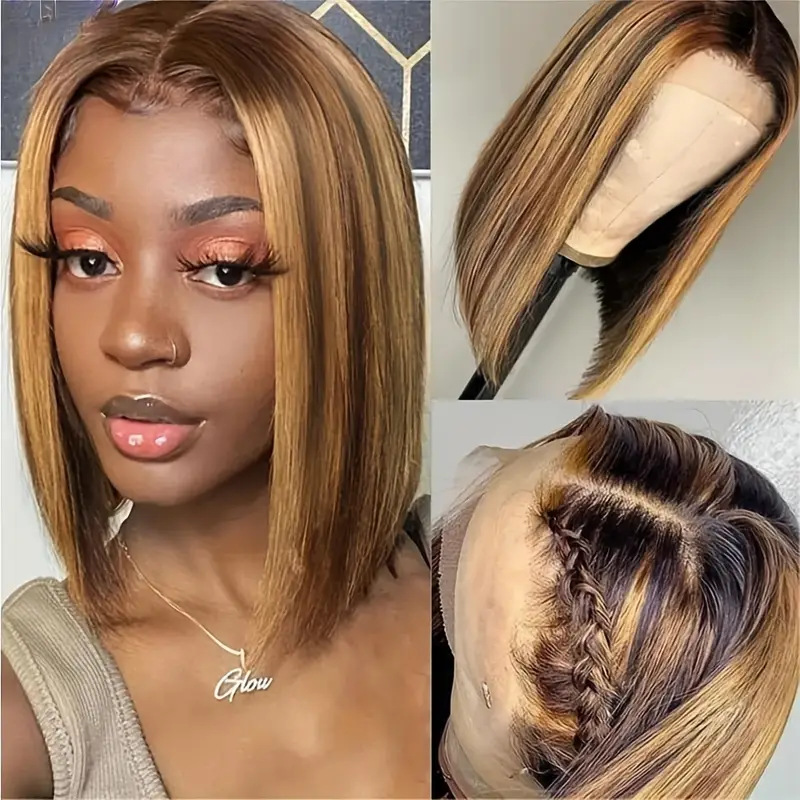 Front lace wig, European and American women's bob hairstyle, dyed gradient short straight hair, Bob fluffy natural full head set style