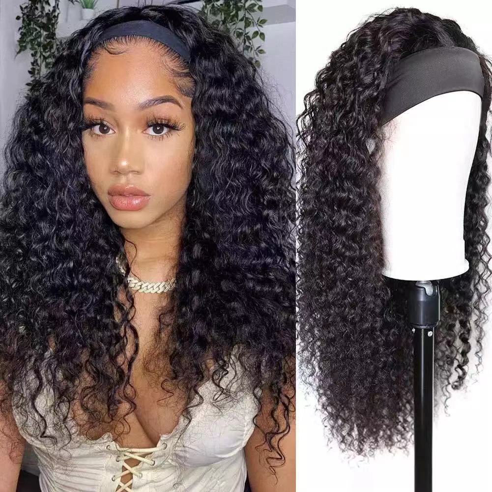 Cross border fashion from Europe and America, natural synthetic fiber, high-temperature silk, hairband, headscarf, wig, women, African black, small curly long hair wholesale