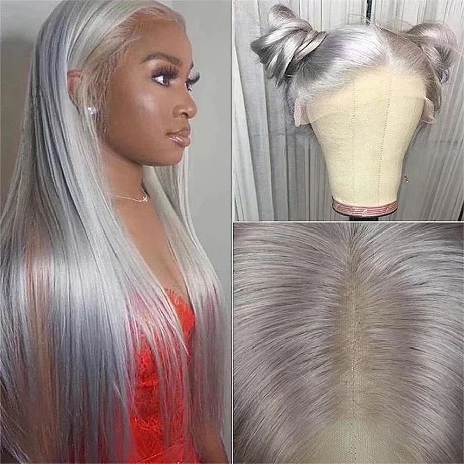 Front lace wig set, hot selling in Europe and America, long straight hair, silver gray, Human Hair Wigs Pre Plucked