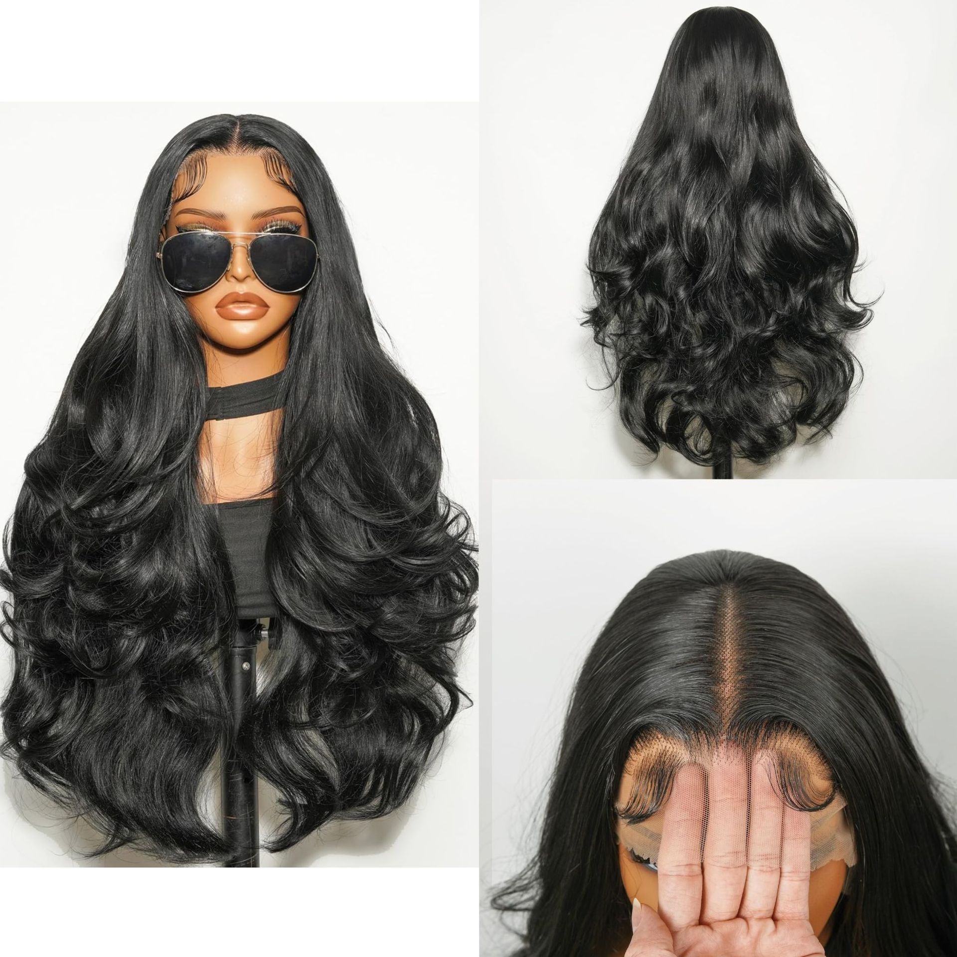 Cross border half hand hook front lace synthetic wig matte high-temperature silk medium split long curly hair rose inner mesh headband