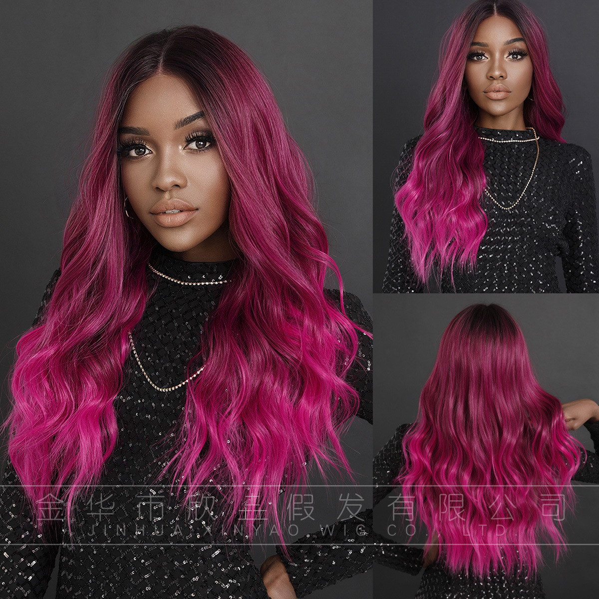 Small lace wig, rose pink gradient long curly hair, big wave synthetic matte high-temperature silk wig, full head set wholesale
