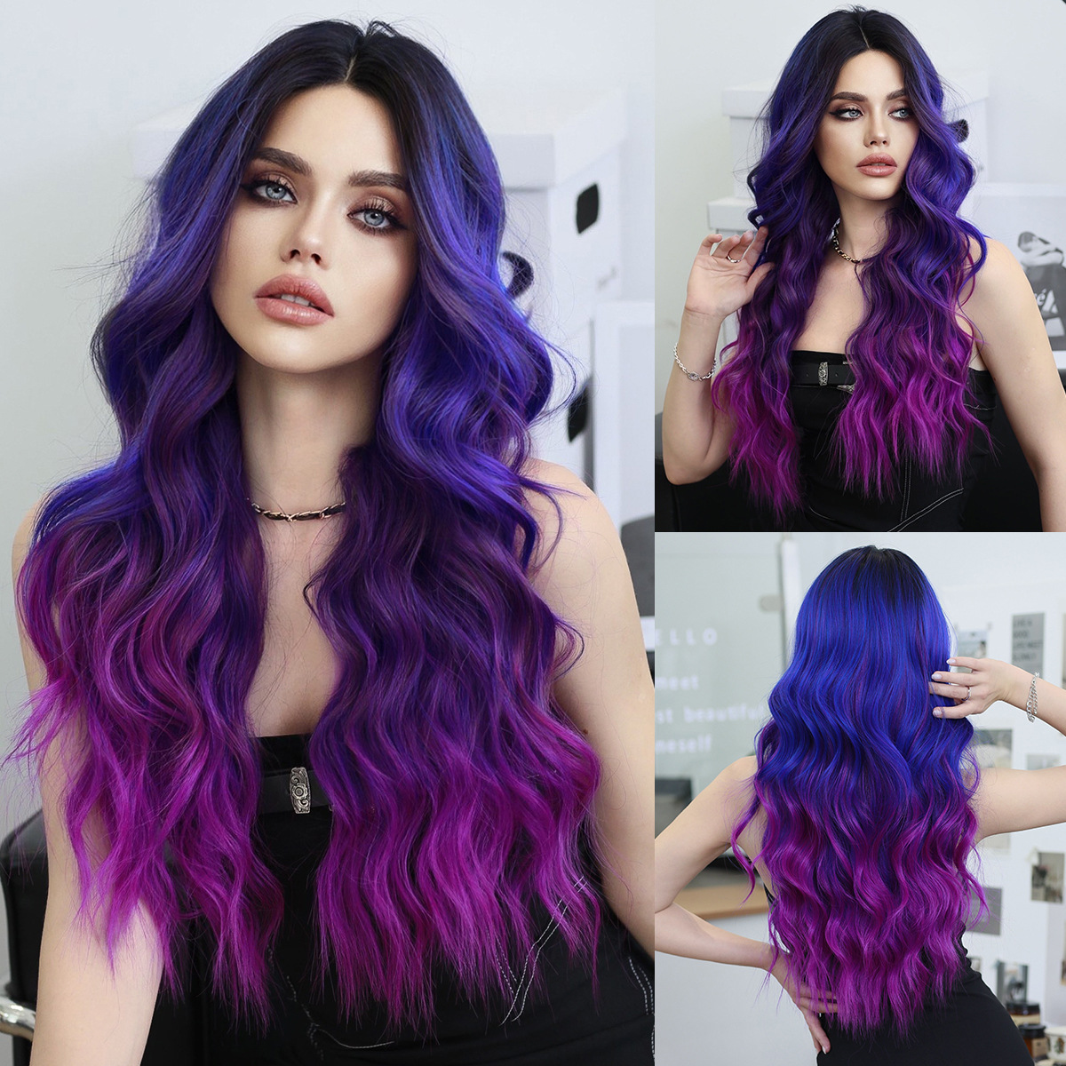 Small Lace Wig Dreamy Purple Blue Gradient Wave Curling Synthetic Full Head Cover Small Lace Wig