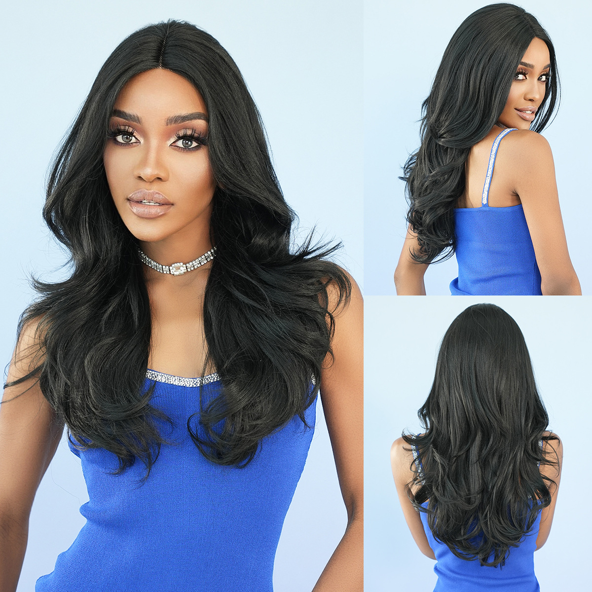 Small T forehead lace wig natural black medium split long curly synthetic hair wholesale T-Part Lace Wig