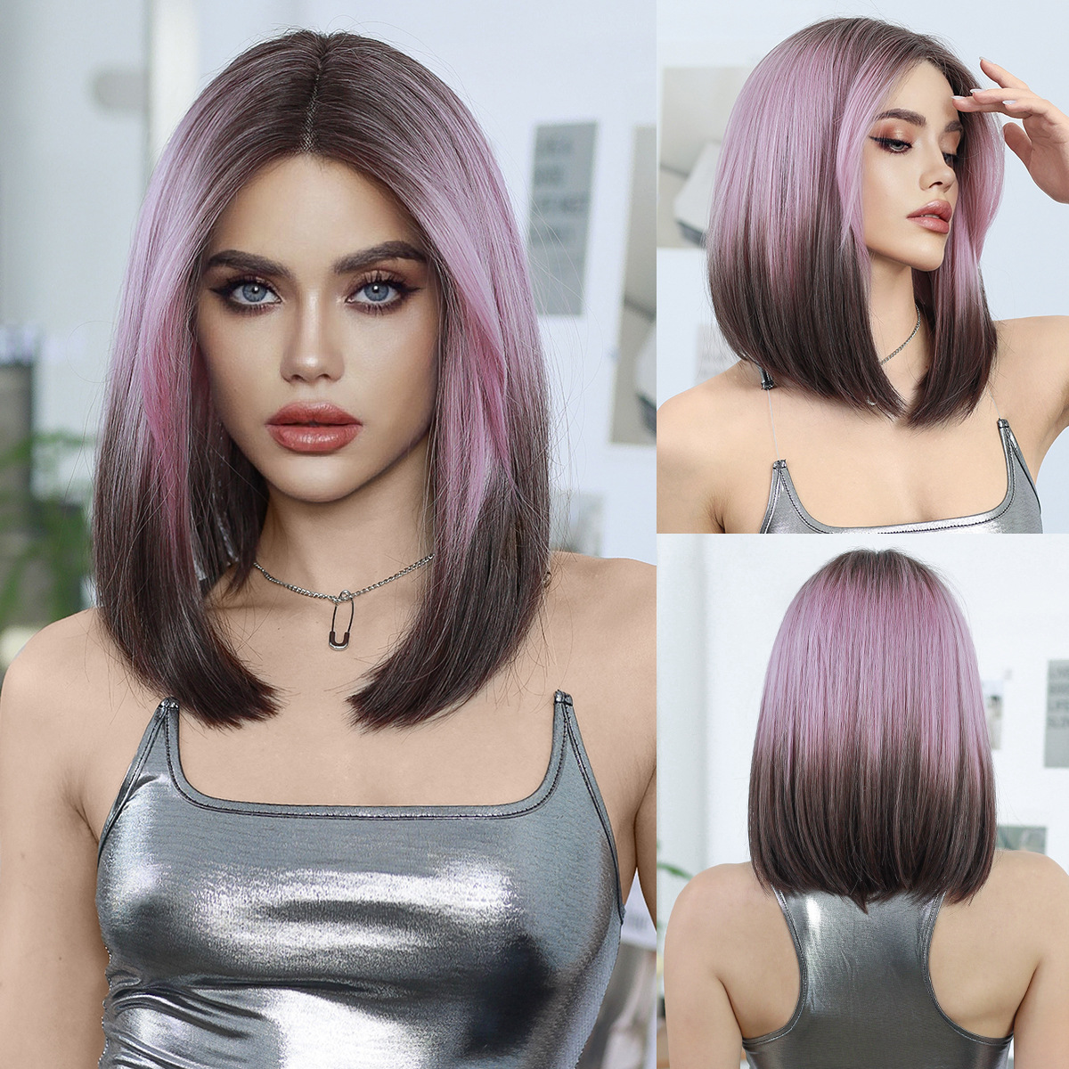 Small T Lace Wig Pink Gradient Brown Short Straight Hair Medium Differentiated Fiber High Temperature Silk BoB Lace Front Wigs