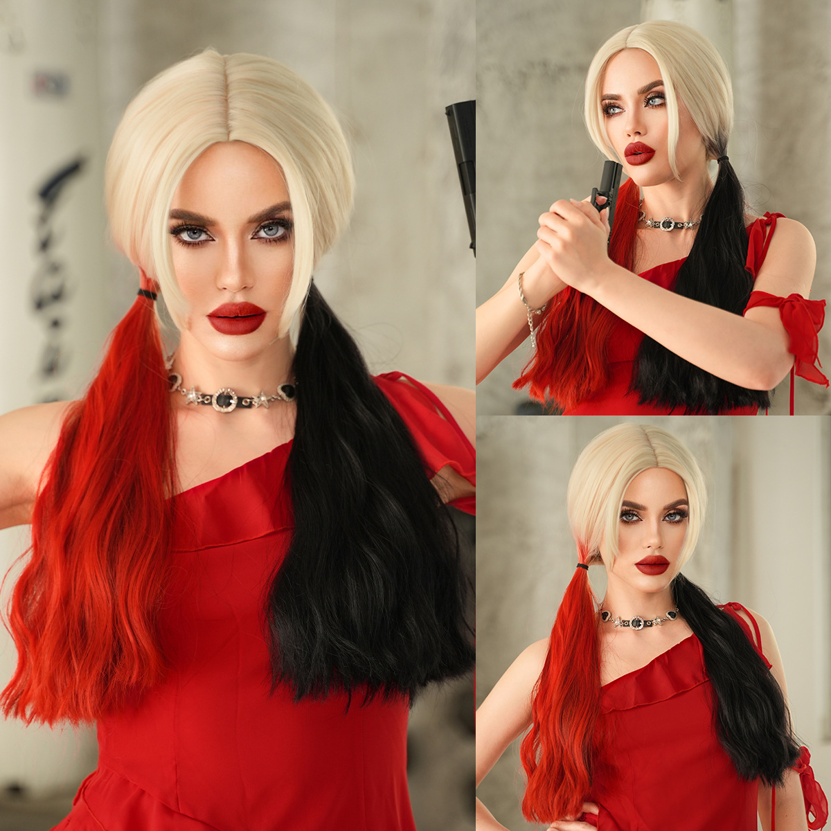 Halloween cosplay Harley Quinn red and black dyed double ponytail long curly hair, high-quality street dressing costume wig