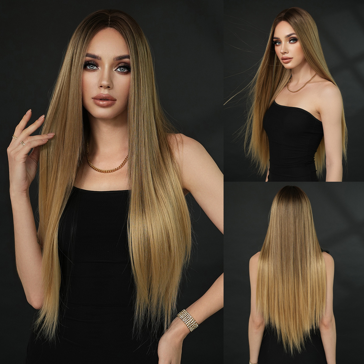 Small lace full head wig for women, extra long straight hair with gradient gold color, natural split hair seams, realistic wig cover