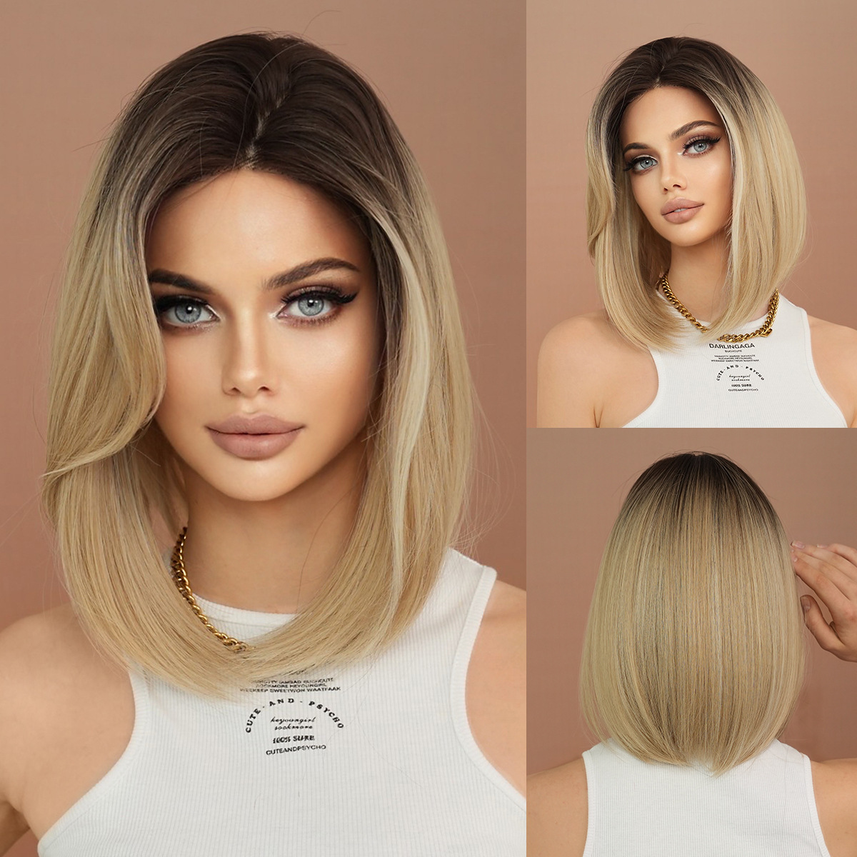 European and American Small Lace Wig Full Headset Gradient Gold Wave Head Shoulder length Women's Short Straight Hair Amazon AliExpress