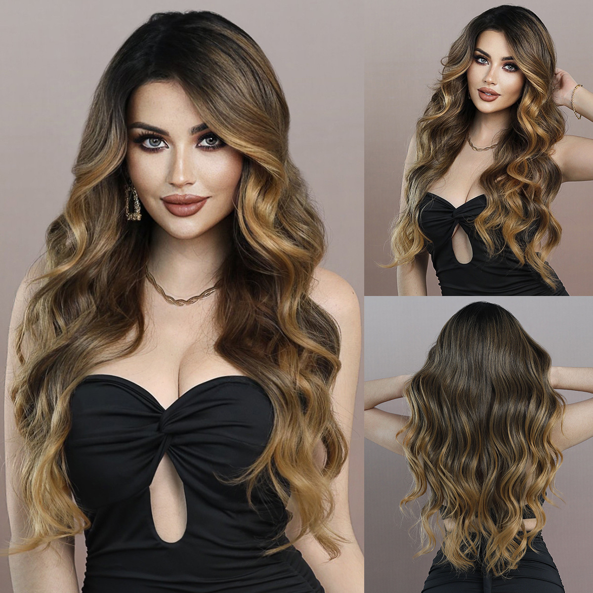 T lace wig European and American women's wig side dividend brown gradient wave long roll synthetic lace wig wholesale whole top