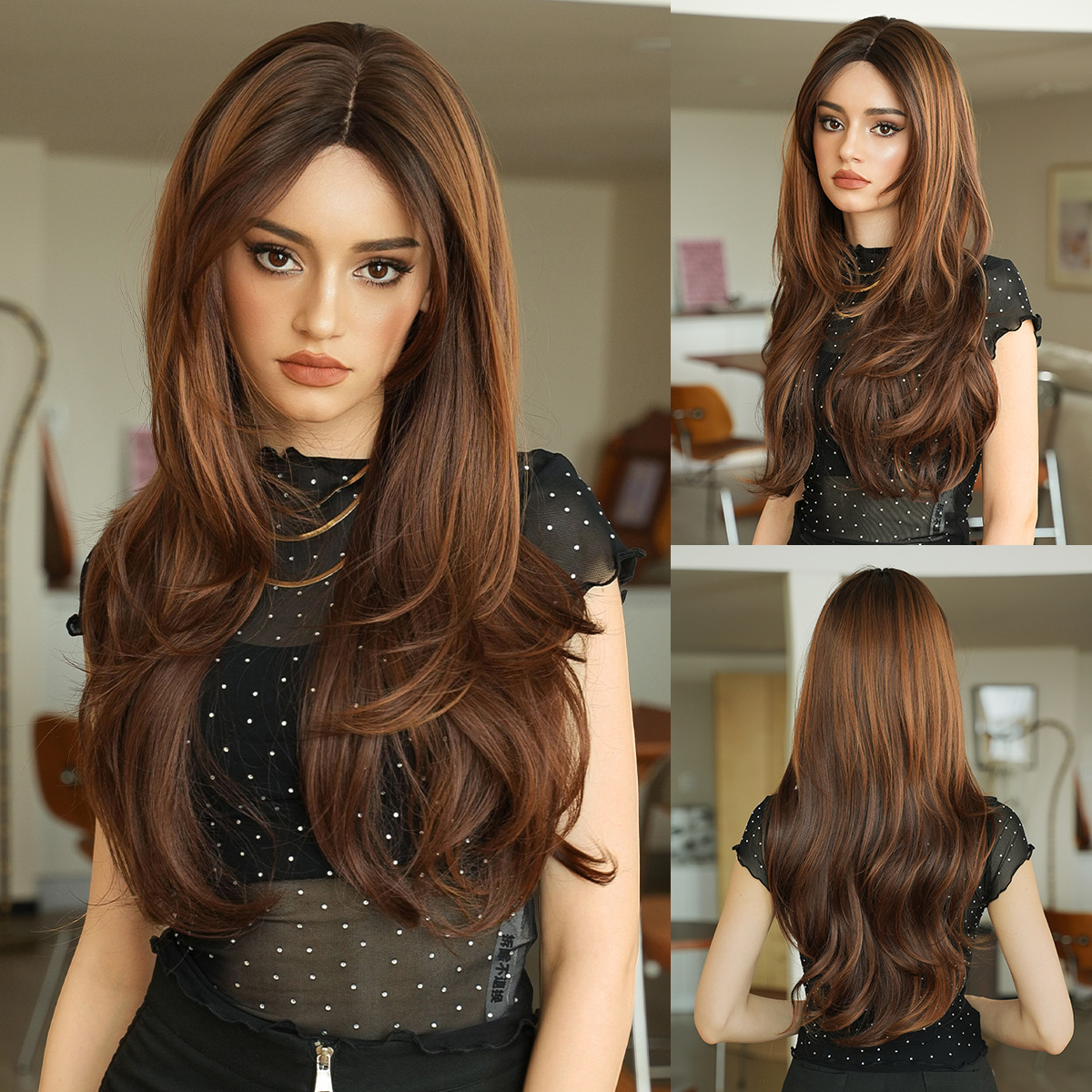 Japanese and Korean wigs, sweet orange tea brown, women's long hair, high level, mid split wig, full head, small lace wig, headband