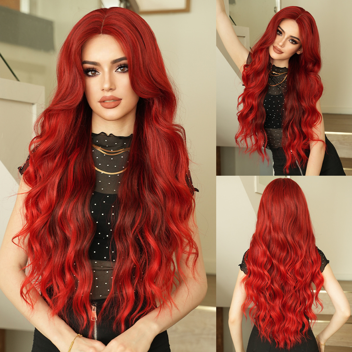 Small lace wig full head set with deep love rose gradient red for women's parties, high-quality medium split long curly hair