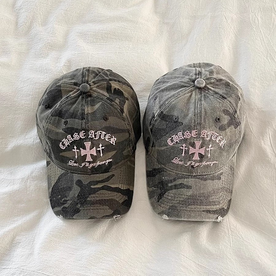 Korean niche retro vintage embroidered camouflage duckbill cap women's street fashion brand versatile soft top baseball cap looks small