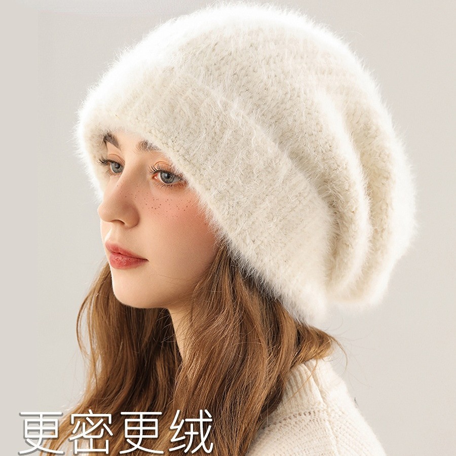 Female autumn and winter rabbit fur hat, white, warm, thick, big head circumference, small face, plush, knitted, ear protection, woolen hat, other