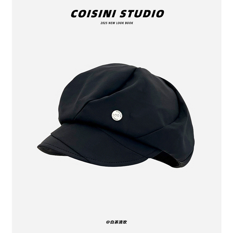 Japanese soft top pleated black beret for children, versatile for spring and summer leisure, cloud octagonal hat, big head circumference, small face