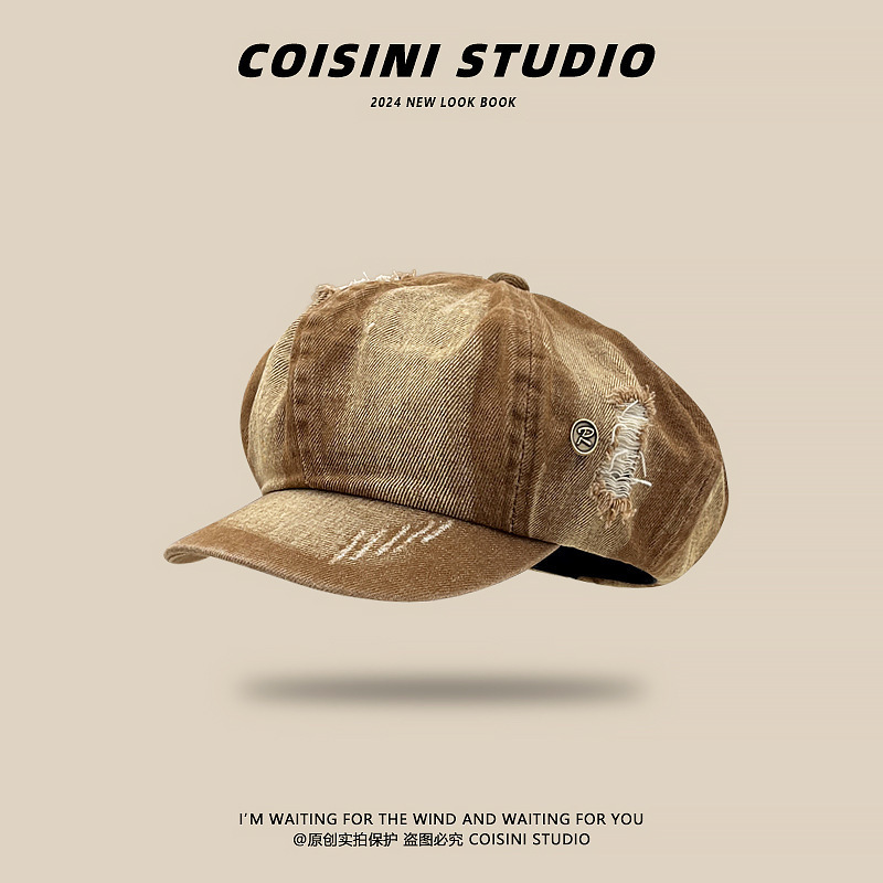 Retro artistic atmosphere, beret, female spring, American spicy girl, washed gradient fashion, versatile, big head circumference, small face