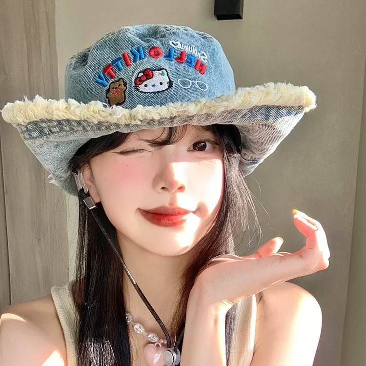 New Japanese Cute KT Cat Embroidered Edge Cowboy Fisherman Hat Women's Spring/Summer Korean Edition Large brimmed Sunshade Hat Trendy