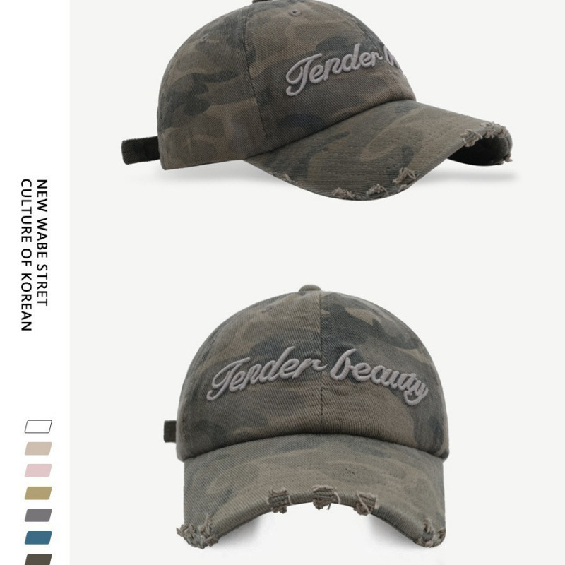 Original 3D letter embroidered soft top baseball cap for both men and women, Korean version fashionable washed hole camouflage duckbill cap