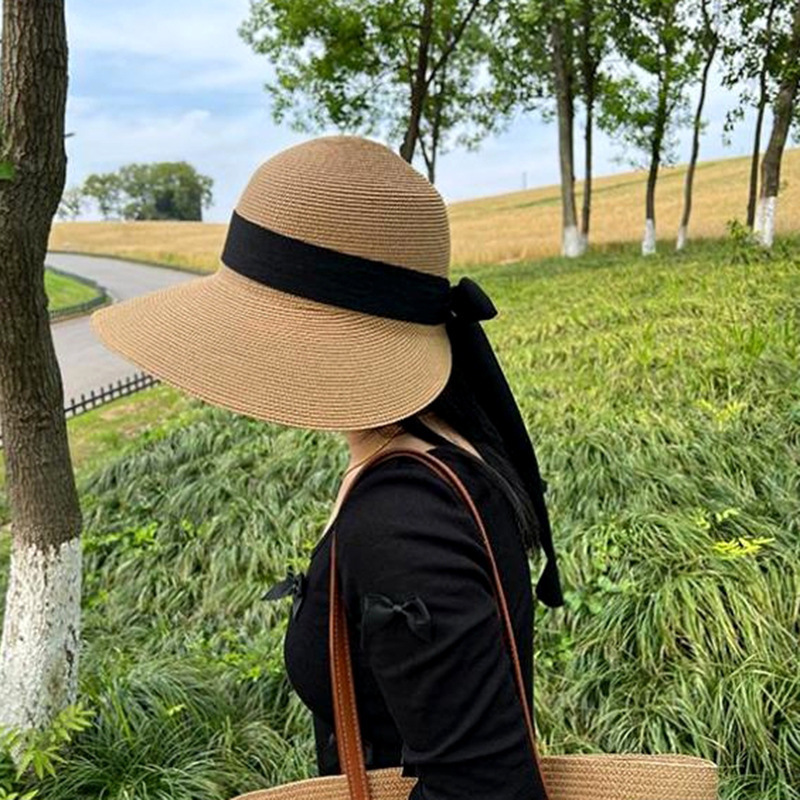 Large brimmed sun hat for children's summer French elegant bow woven straw hat fashionable and versatile sun protection hat