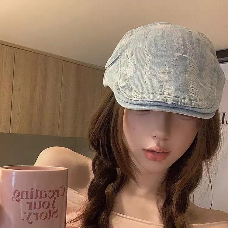 Washed denim forward hat for women in spring and summer, Japanese retro style, face enhancing, small beret hat, reverse wearing, big head circumference, painter hat