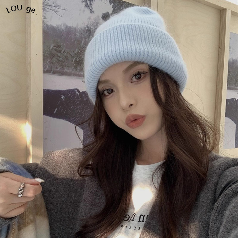 Cross border woolen hat for women, soft and sticky Angora rabbit fur knitted hat, winter versatile, solid color, face enhancing, small sleeve, ear protection, cold hat