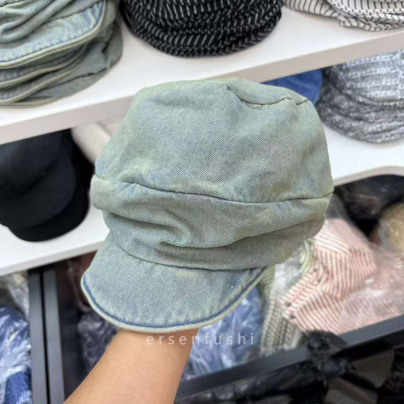 Vintage Japanese washed denim cloud octagonal hat for women in spring and autumn fashion, pleated harbor style, painter pile up hat