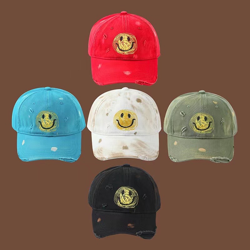 Smiling face distressed hat with holes, men's personality retro baseball hat, summer trend hip-hop soft top wine red duckbill hat, women's wide brim