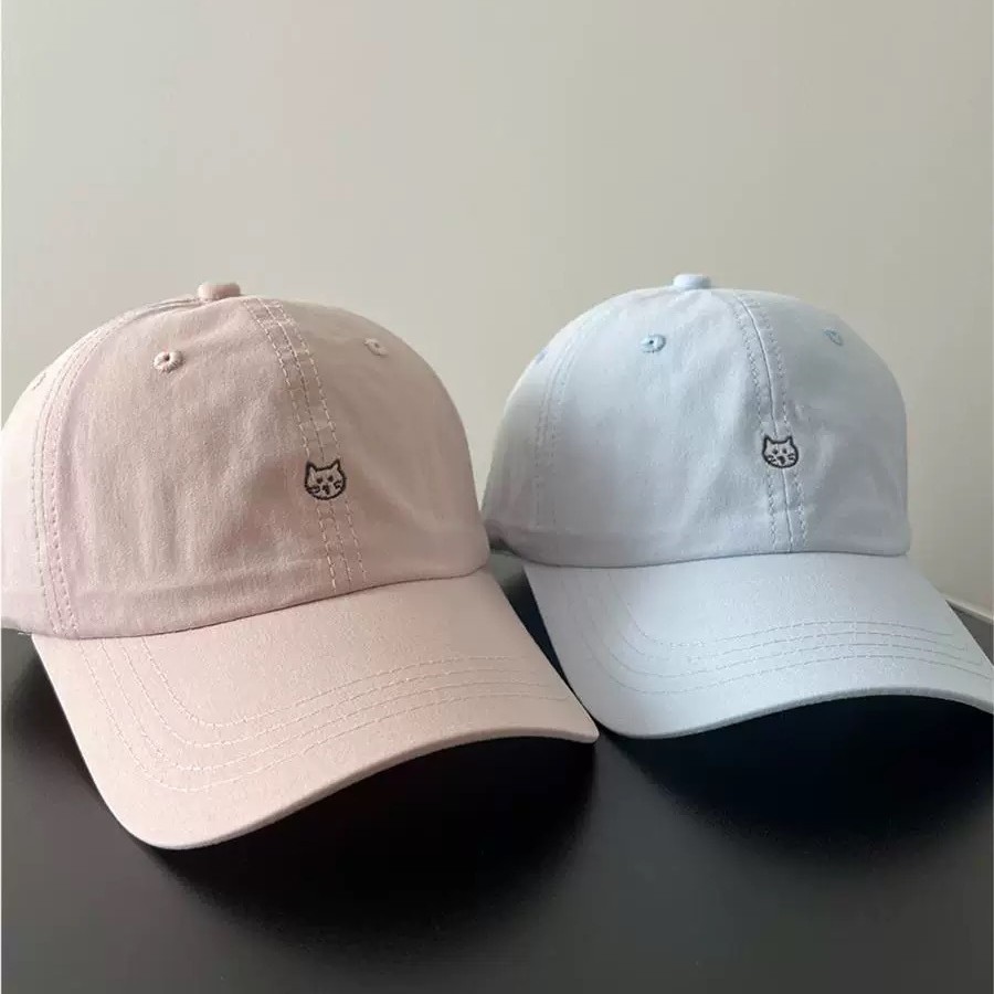 Korean version cute and simple cat embroidered duckbill cap for women 2025 new style big head circumference fashionable wide eave sunshade baseball cap