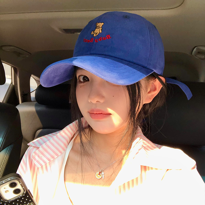 New Cute Little Bear Embroidered Blue Baseball Hat Women's Big Head Circumference Hat Wide brim Big Face Look Small Duck Tongue Hat New Cute Little Bear Embroidered Blue Baseball Hat Women's Big Head Circumference Hat Wide brim Big Face Look Small Duck Tongue Hat