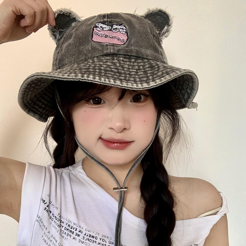 Cute Little Bear Ears Retro Cowboy Fisherman's Hat Women's Spring 2025 New Pot Hat Show Face Small Mountaineering Hat Tide