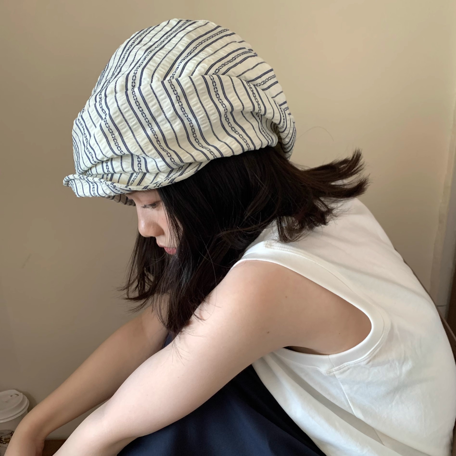 【 Osaka Memory 】 Japanese designer's cloud newspaper children's hat, women's retro fashionable big head circumference striped octagonal hat