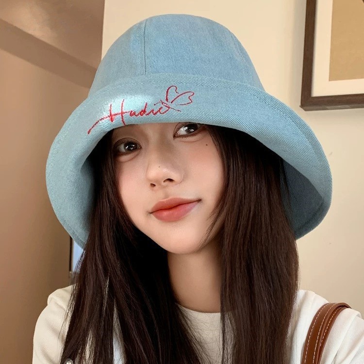 Japanese letter turned denim fisherman hat, spring and summer women's large eave hat, sun visor hat, small face, fashionable sun protection hat