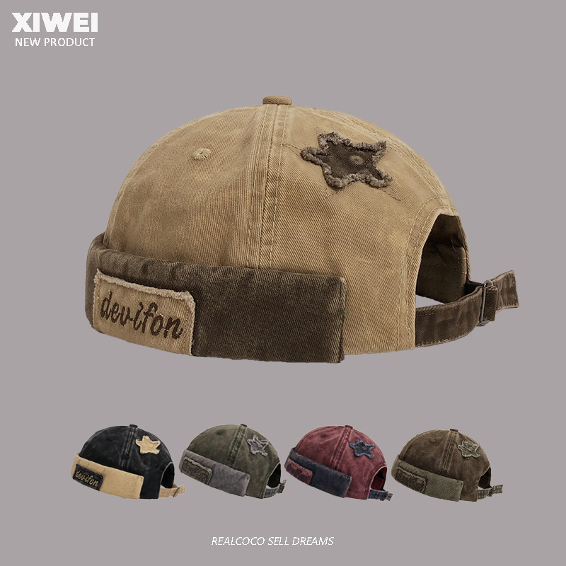 Retro color blocked washed melon skin hat for women in all four seasons, brimless hip-hop yuppie hat, fashionable and versatile trendy brand landlord hat for men