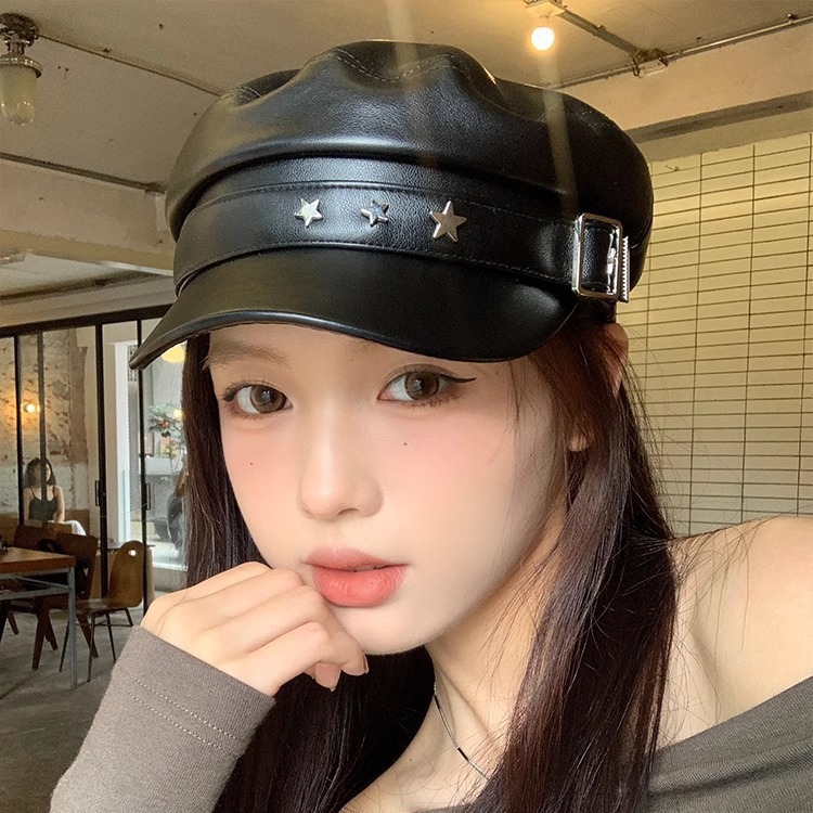 Star PU leather octagonal hat with flat top beret for women 2024 new British retro navy hat with small face and painter hat