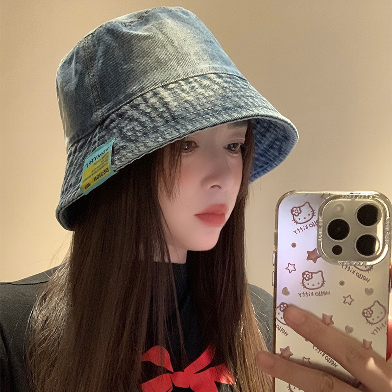 Retro denim fisherman hat for women in spring and summer, large brim sun protection bucket hat, versatile big head circumference, face highlighting small basin hat for men