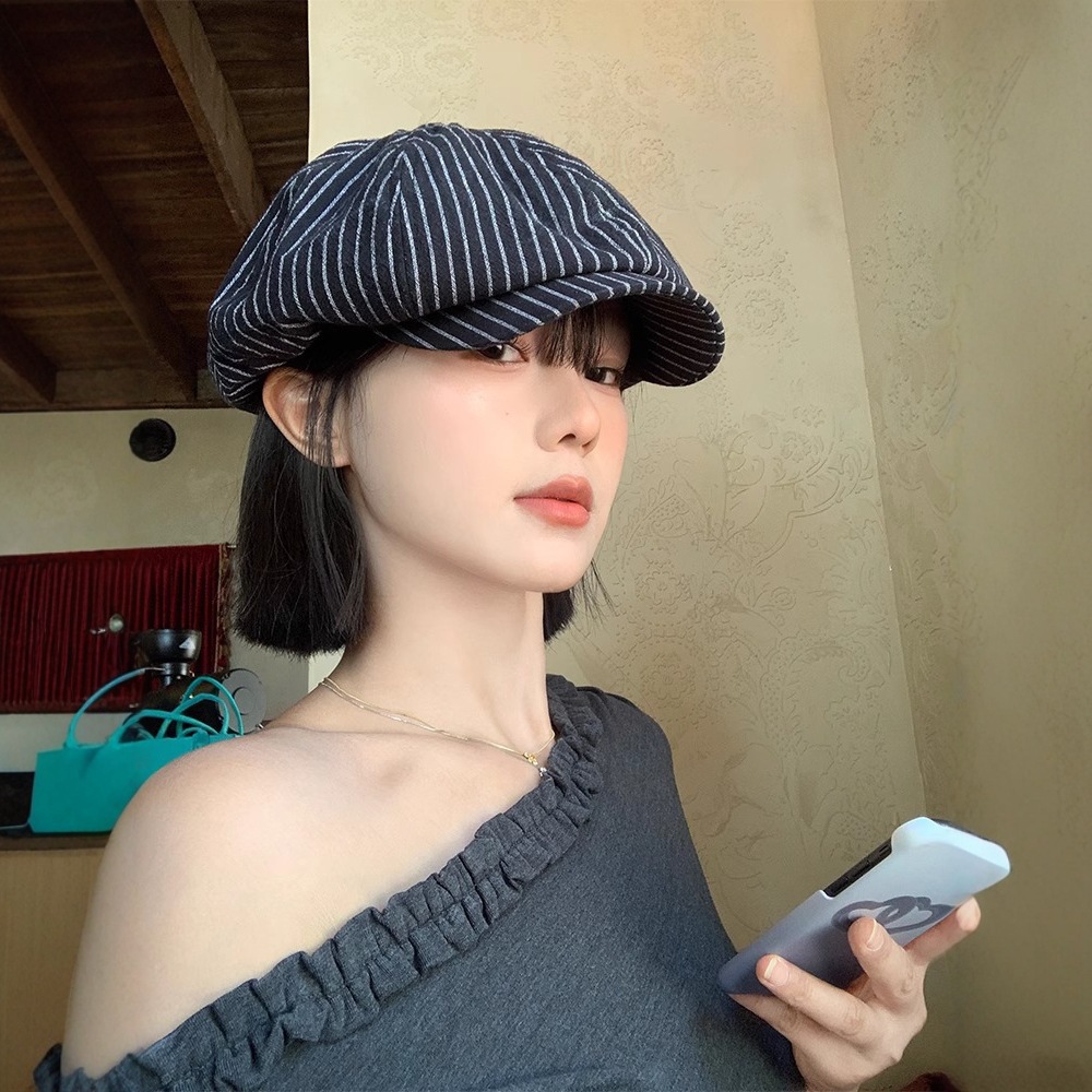 Japanese retro striped artistic beret for children, small face, breathable sun protection, big head circumference, octagonal hat, trendy