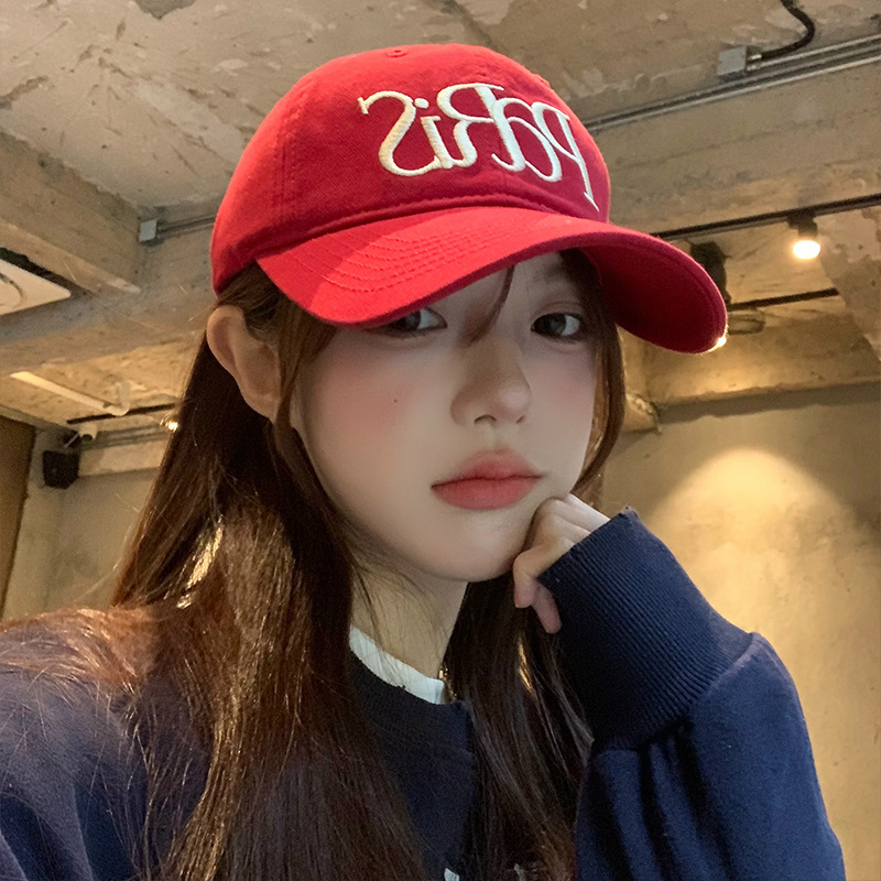 Embroidered red baseball cap for women in spring 2025, new style with large brim and duckbill cap, enlarged and deepened soft top hat