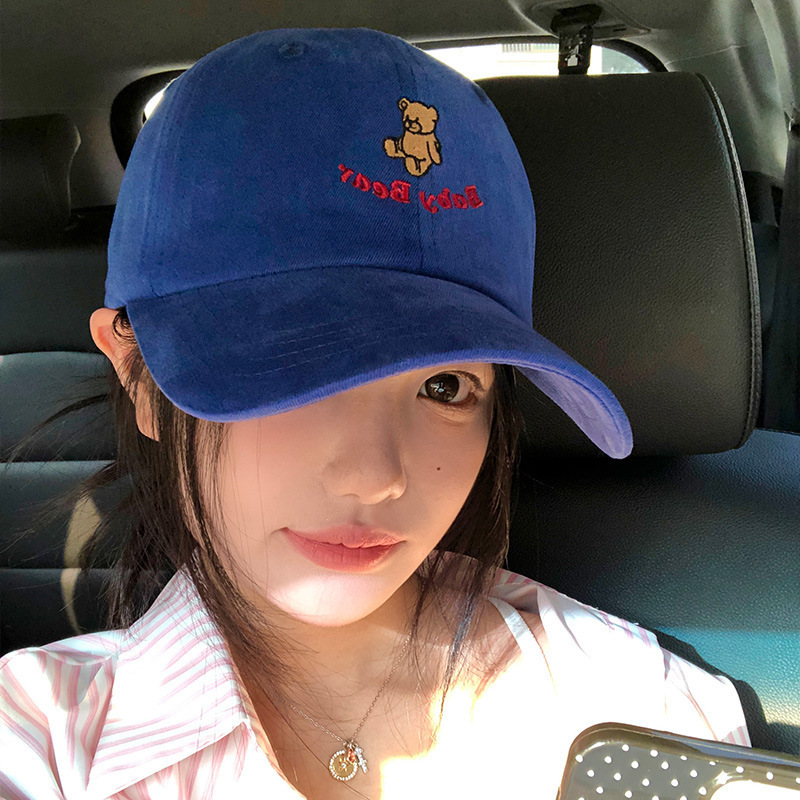 New Cute Little Bear Embroidered Blue Baseball Hat Women's Big Head Circumference Hat Wide brim Big Face Look Small Duck Tongue Hat