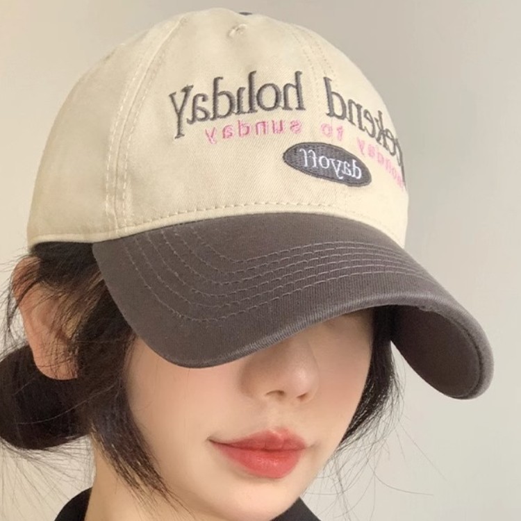 Korean baseball cap for women with small face, retro color blocking, versatile soft top duckbill hat, Japanese style big head circumference, wide brim hat