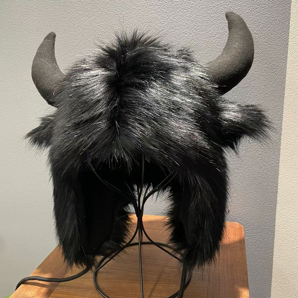 Big Black Bull Cute Elk Horn Hairy Lei Feng Hat for Men and Women Winter Warm Ear Protection Personalized Windproof and Cold proof Cotton Hat